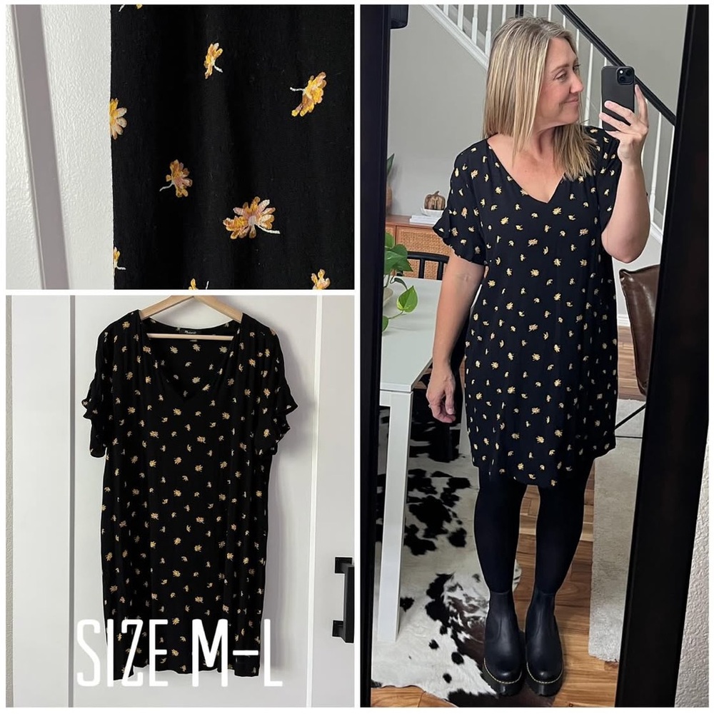 Madewell black and mustard floral knee length dress size XL